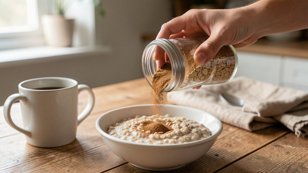 Shaking ground cinnamon over a bowl of oatmeal
